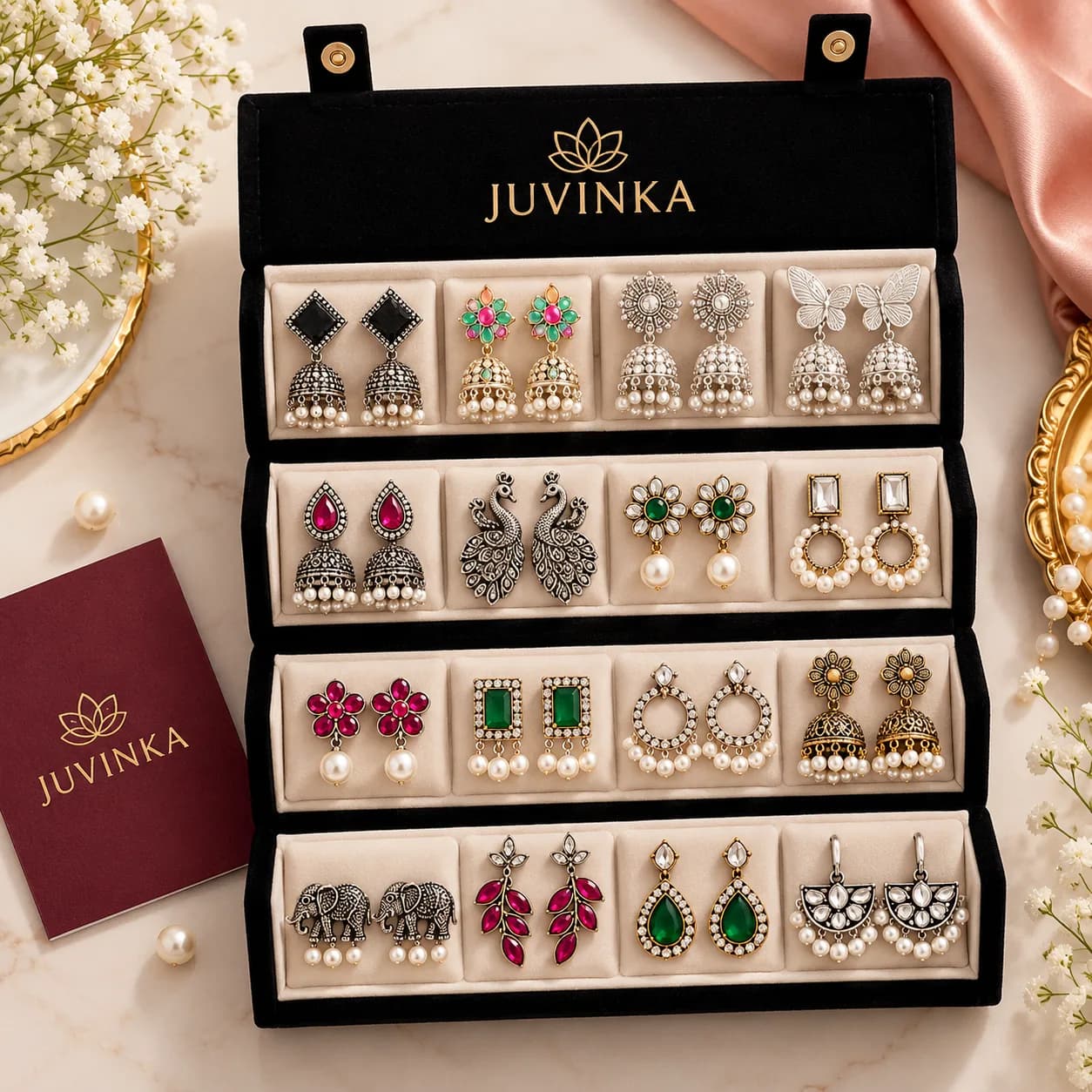Set Of 12 Oxidized Designer Stud Earrings With Folding Jewelry Box